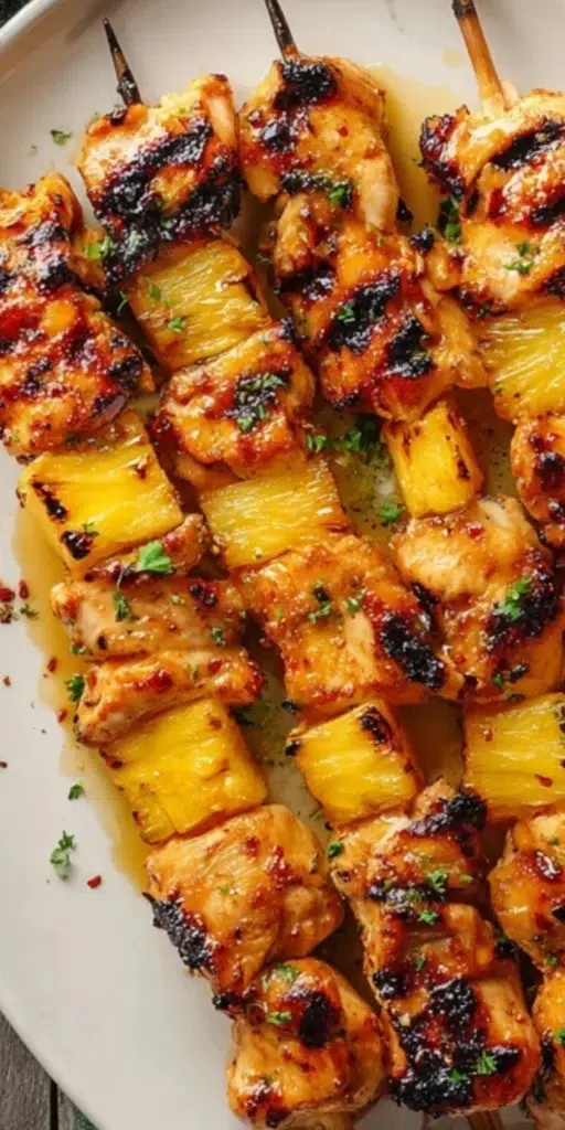 Juicy grilled pineapple chicken skewers with caramelized edges and fresh herbs.