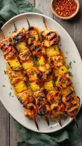 Juicy grilled pineapple chicken skewers with charred marks, served on a white plate with herbs.