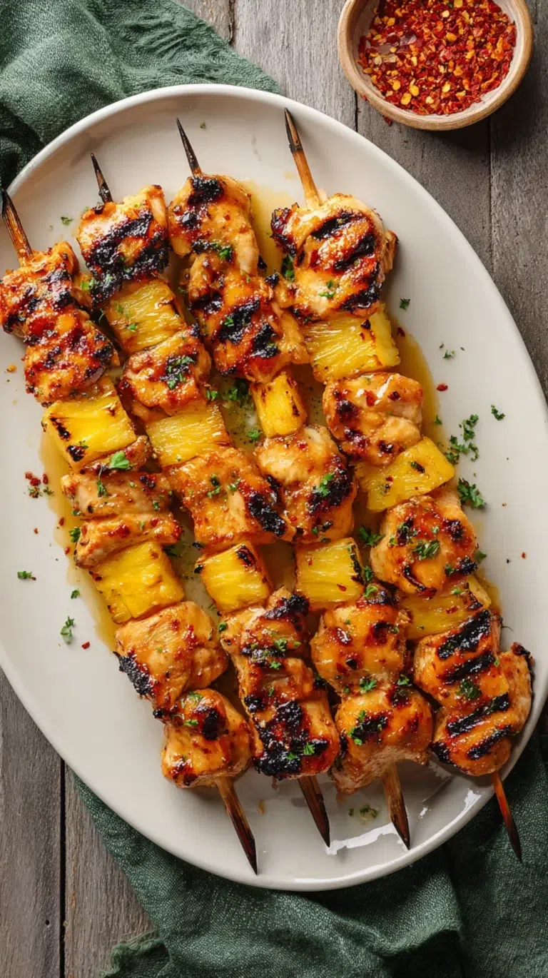 Juicy grilled pineapple chicken skewers with charred marks, served on a white plate with herbs.