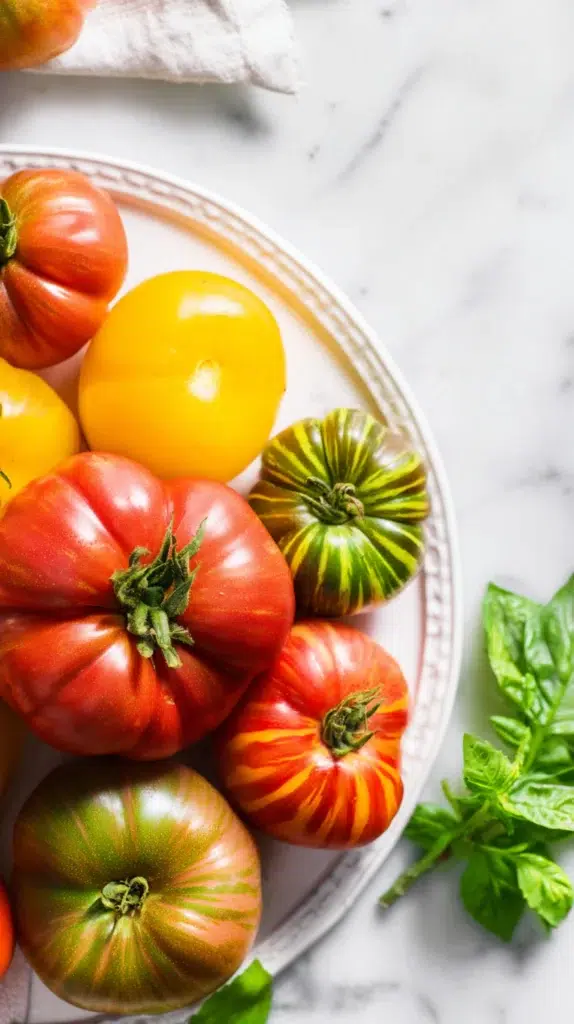 Assorted heirloom tomatoes in red, yellow, and green with fresh basil on a white plate.