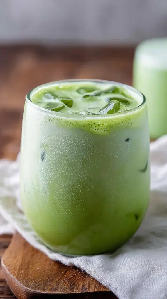 Creamy iced matcha latte with coconut milk served in a glass on a wooden tray.