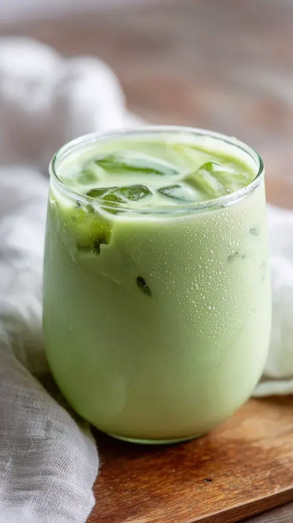  Creamy iced matcha latte with coconut milk in a chilled glass on a wooden surface.