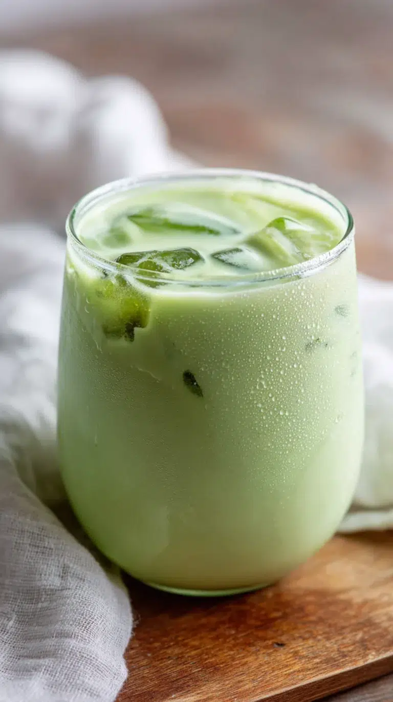 Creamy iced matcha latte with coconut milk in a chilled glass on a wooden surface.