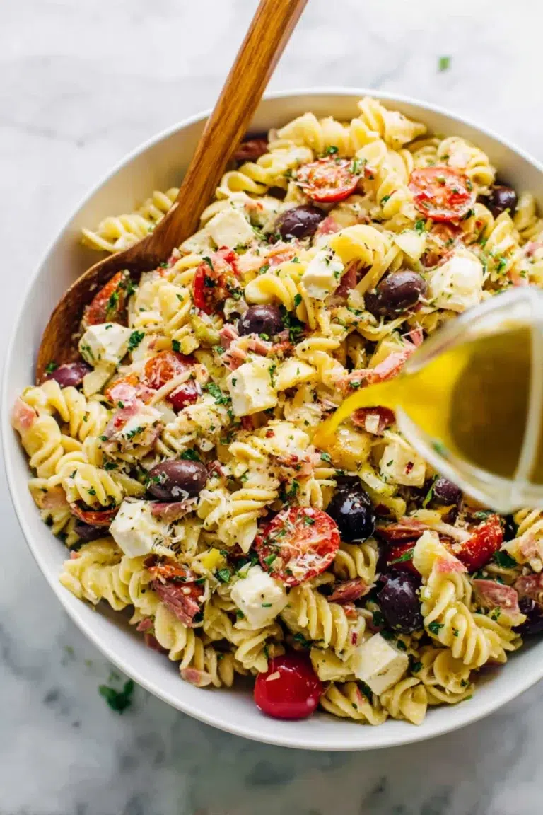 Italian pasta salad with rotini, cherry tomatoes, olives, feta, and herbs being dressed with olive oil in a white bowl.
