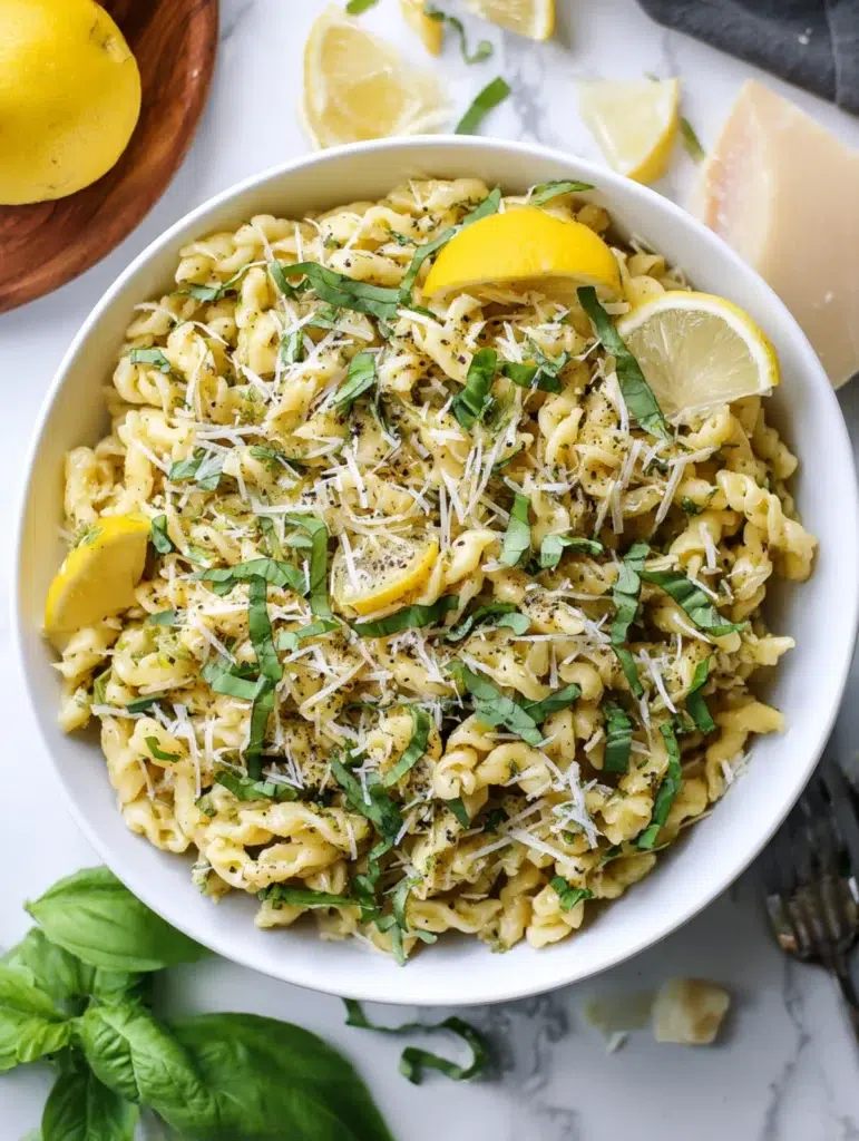 Lemon basil pasta salad topped with shredded parmesan, fresh basil, and cracked black pepper in a white bowl.