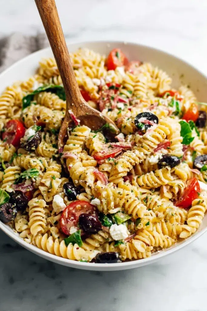 Rotini pasta salad with cherry tomatoes, olives, feta, and herbs in a white bowl with a wooden spoon mixing the ingredients.