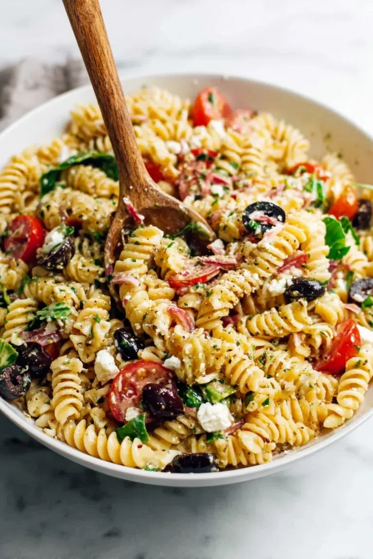 Rotini pasta salad with cherry tomatoes, olives, feta, and herbs in a white bowl with a wooden spoon mixing the ingredients.