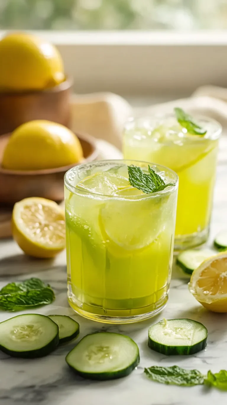 Refreshing mint cucumber lemonade with lemon slices and ice in a glass.