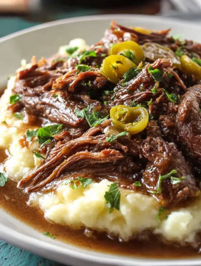 Close-up of tender Mississippi pot roast with gravy and pepperoncini, served over creamy mashed potatoes with fresh parsley.