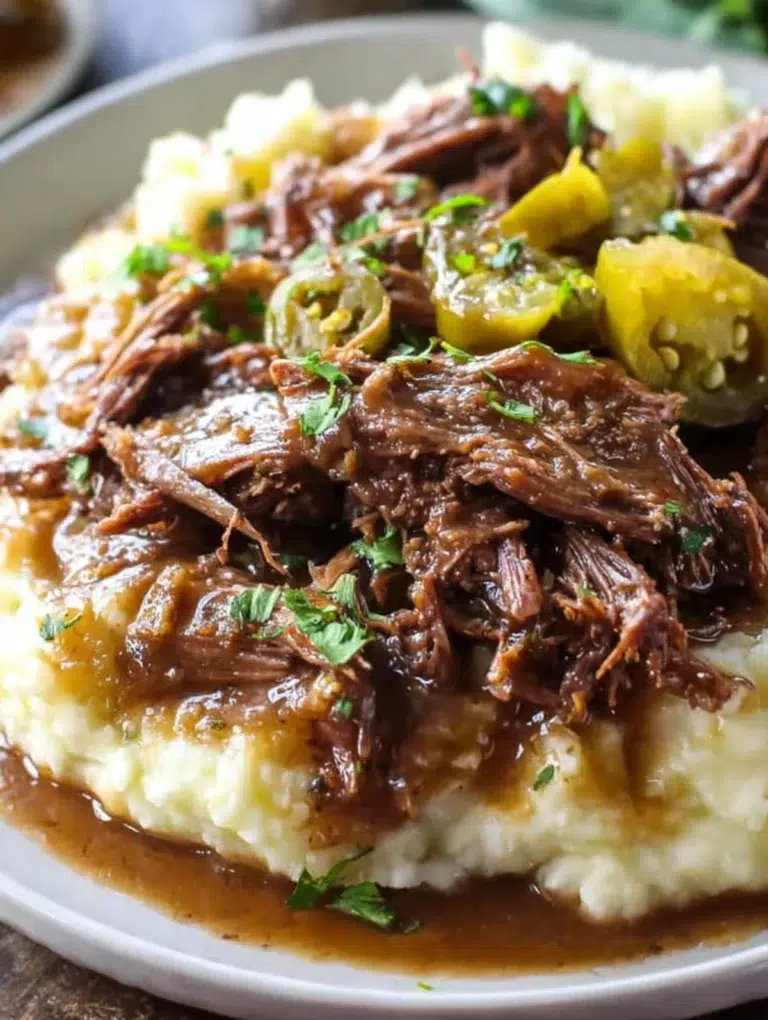 Tender Mississippi pot roast served over creamy mashed potatoes with rich gravy and tangy pepperoncini slices on top.
