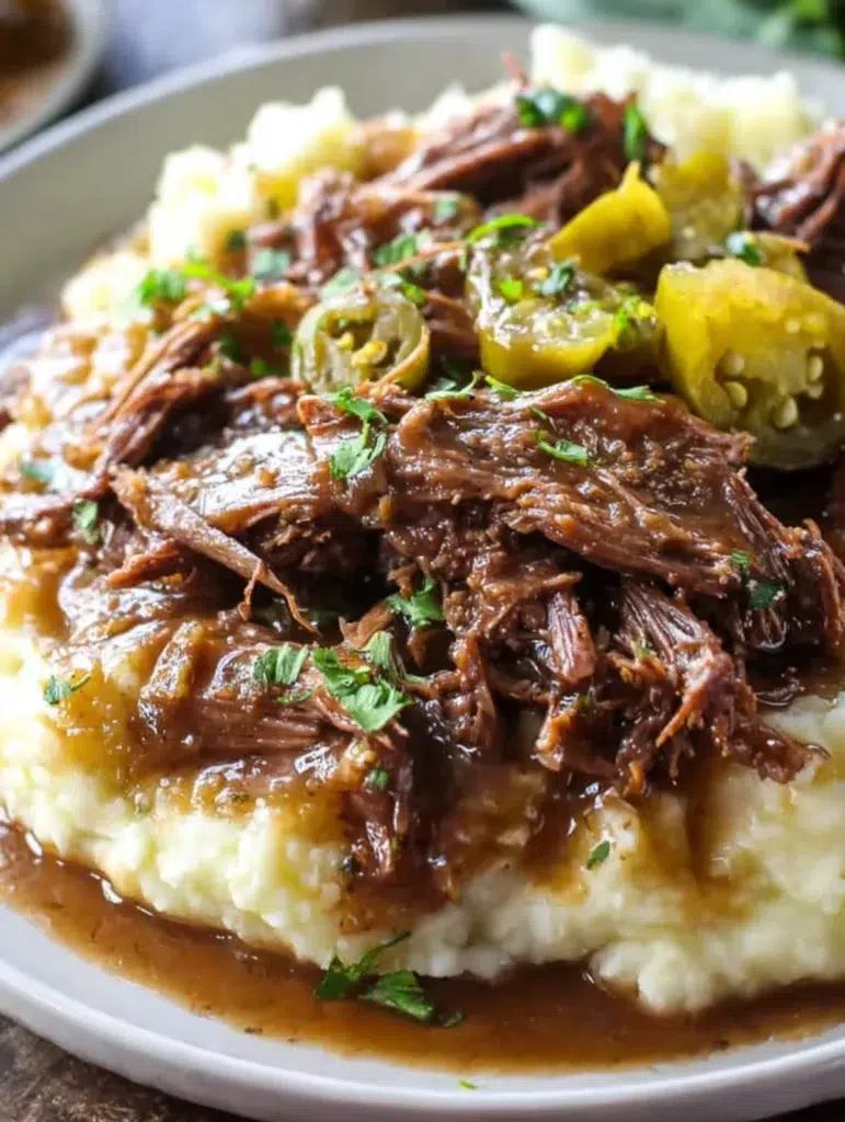 Tender Mississippi pot roast served over creamy mashed potatoes with rich gravy and tangy pepperoncini slices on top.