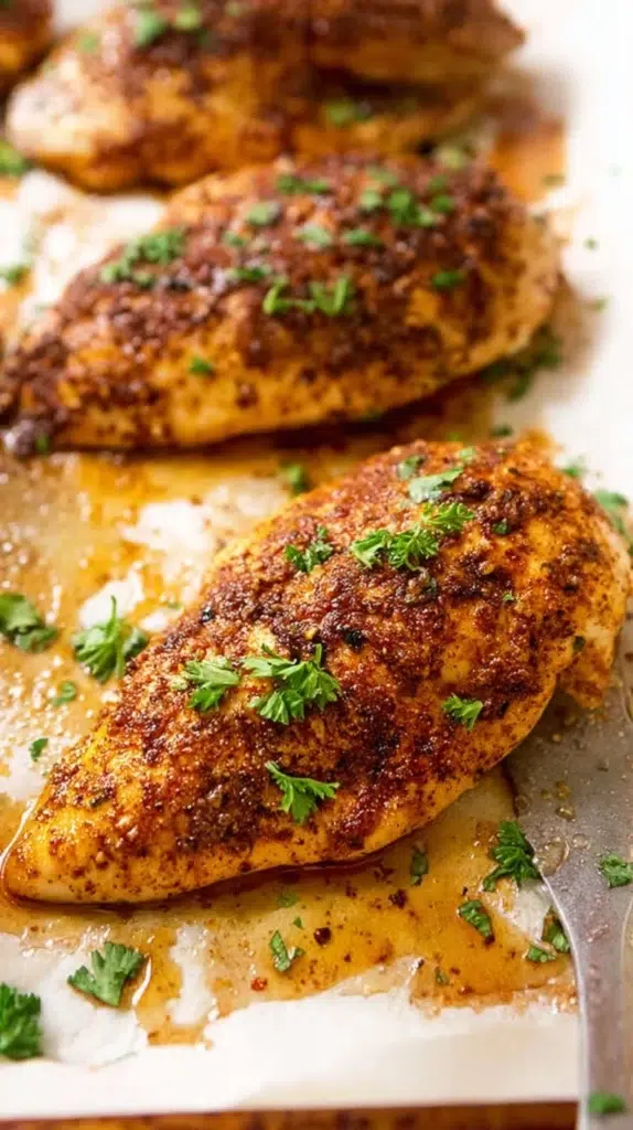  Perfectly baked chicken breast with a crispy spice crust and fresh parsley garnish.