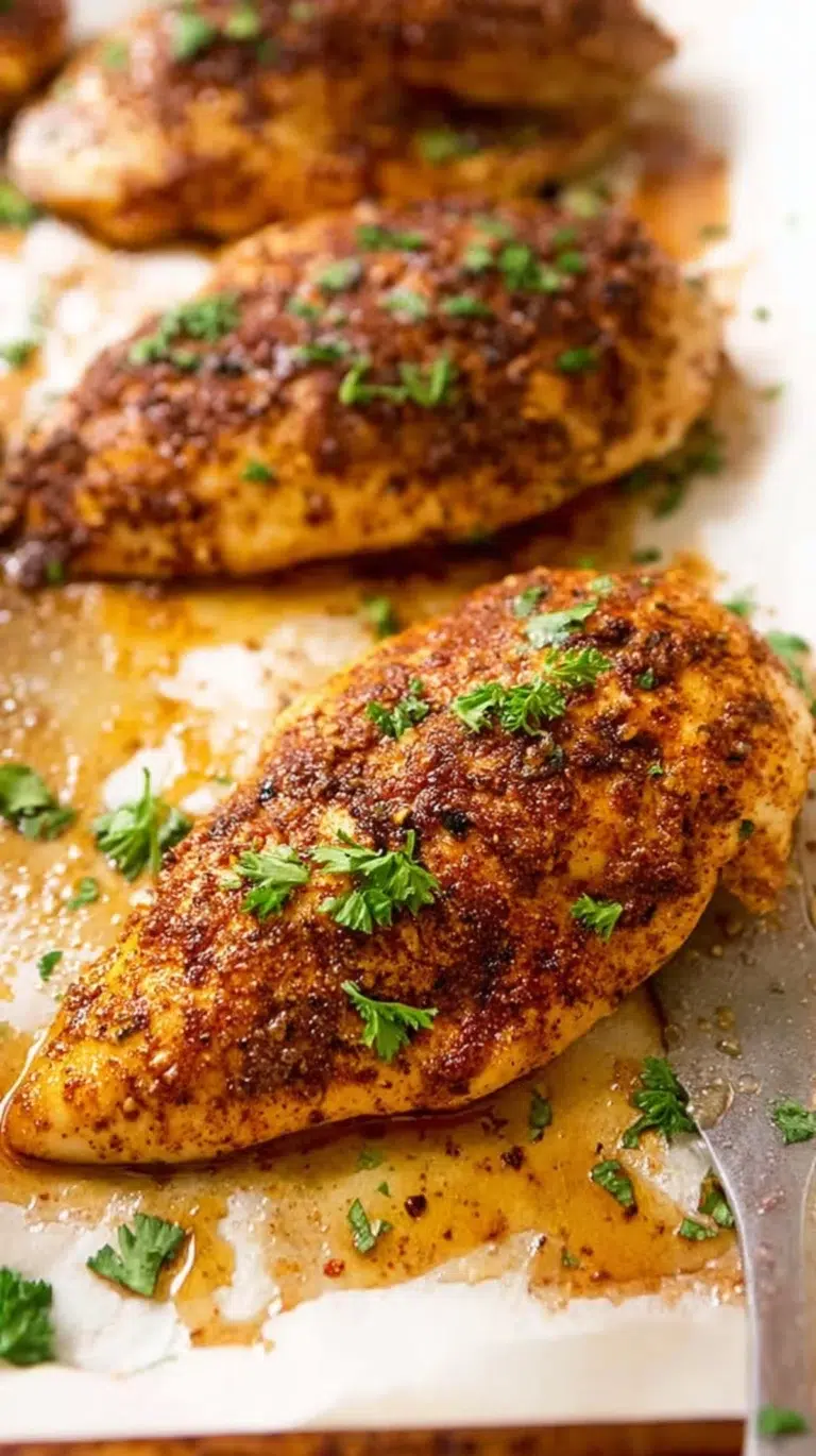 Perfectly baked chicken breast with a crispy spice crust and fresh parsley garnish.