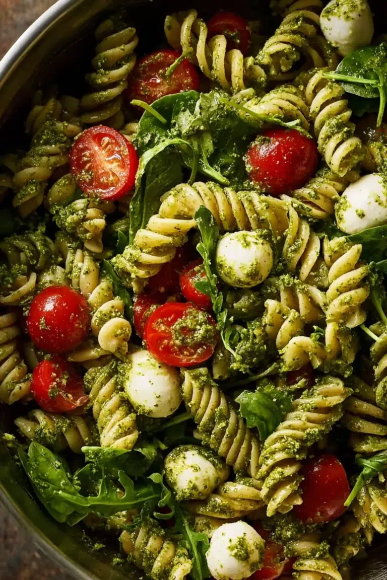 Rotini pasta salad tossed in pesto with cherry tomatoes, fresh mozzarella balls, and arugula leaves