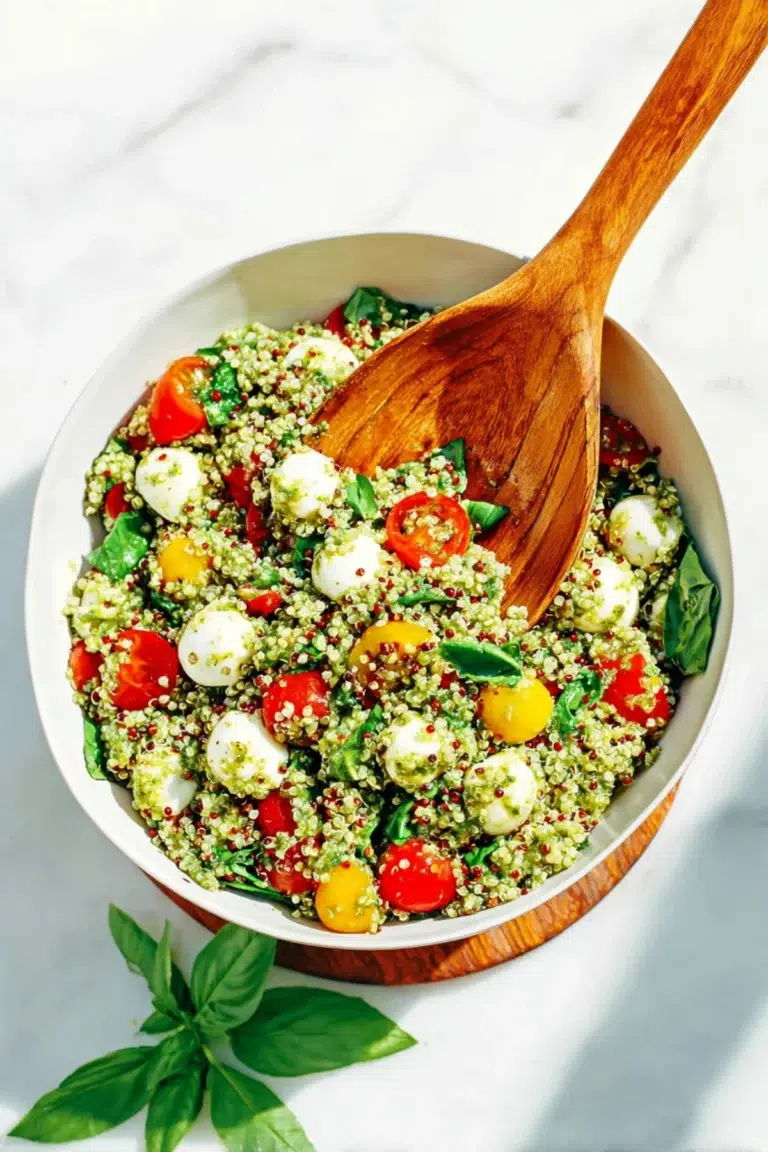 Colorful quinoa salad with cherry tomatoes, mozzarella balls, basil, and pesto dressing in a white bowl with a wooden spoon