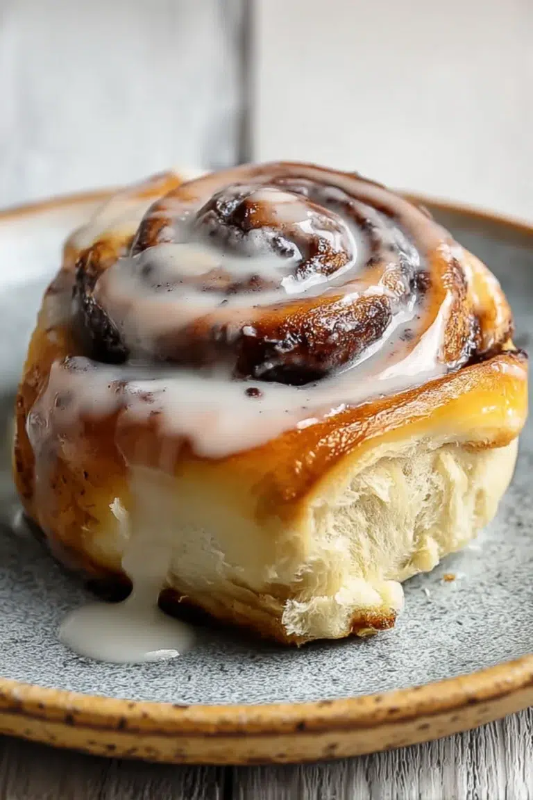 Fluffy chocolate cinnamon roll with creamy glaze dripping down, served warm on a rustic plate for a cozy dessert moment