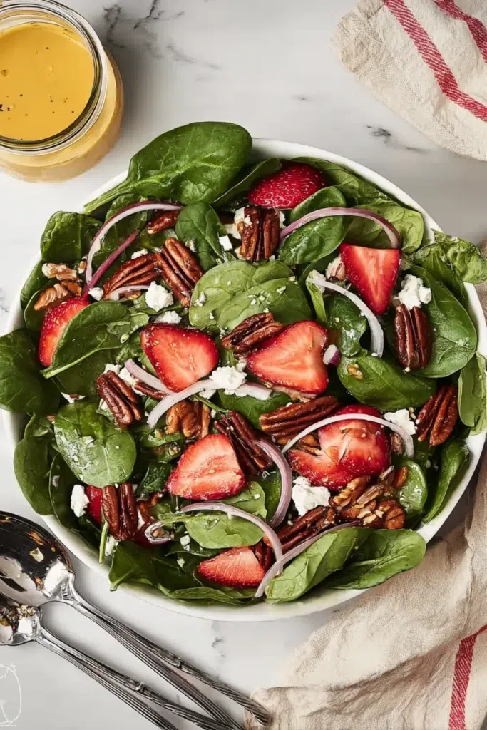 Fresh spinach salad with sliced strawberries, pecans, red onion, and crumbled feta in a white bowl with vinaigrette jar