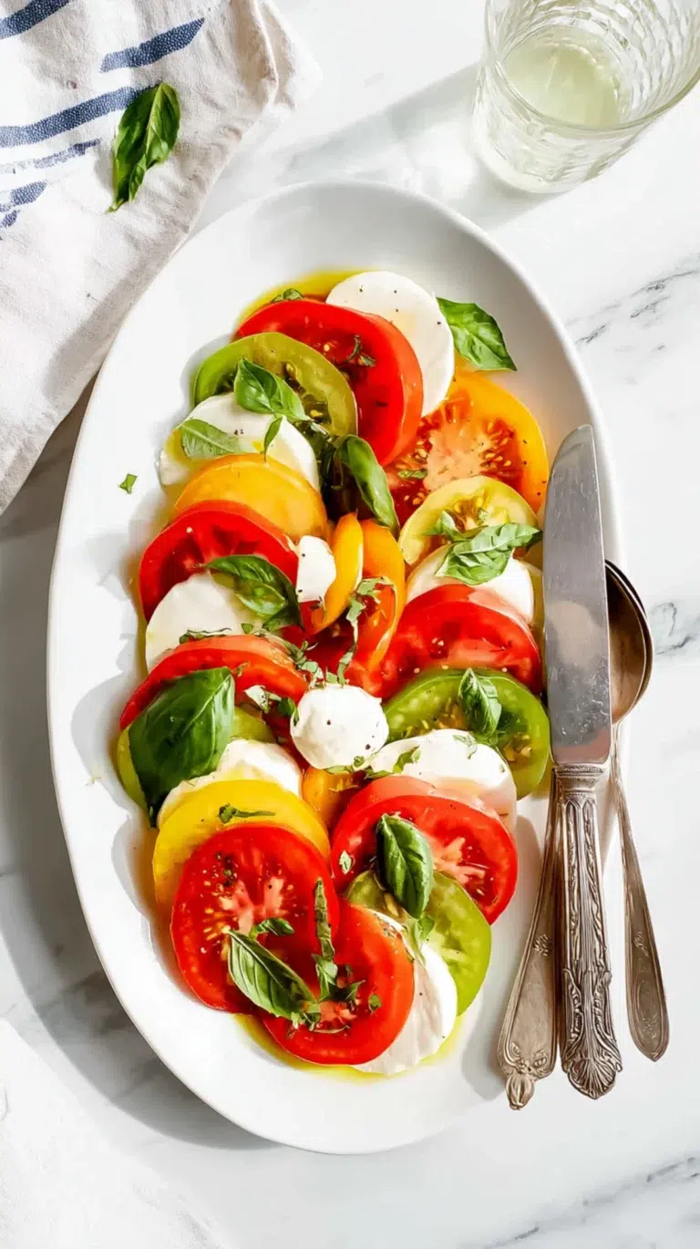 Colorful Caprese salad with sliced heirloom tomatoes, fresh mozzarella, and basil drizzled with olive oil.