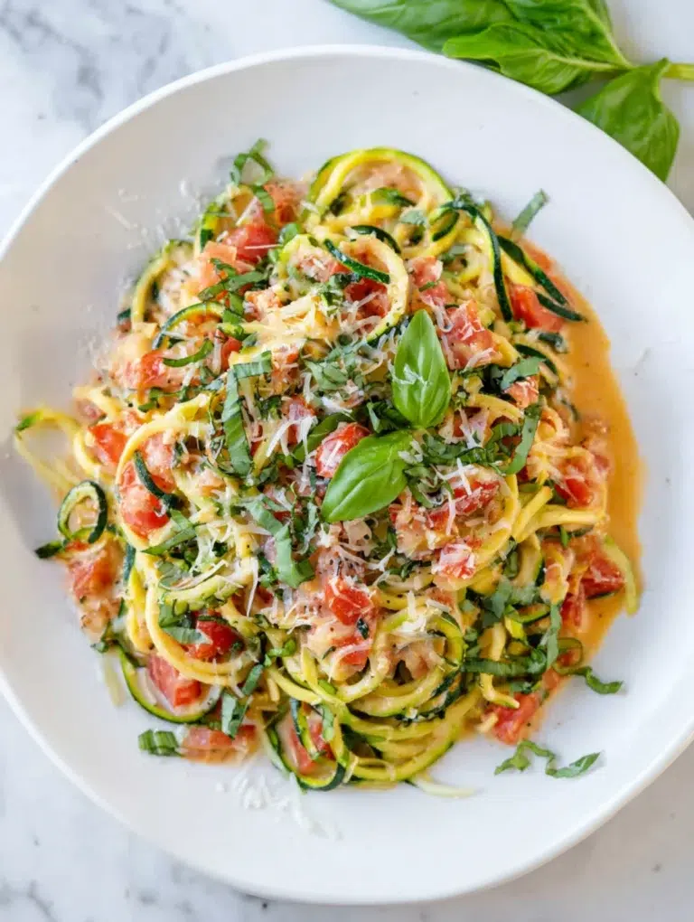 Fresh zucchini zoodle pasta with cherry tomatoes, parmesan cheese, and basil served in a white bowl.