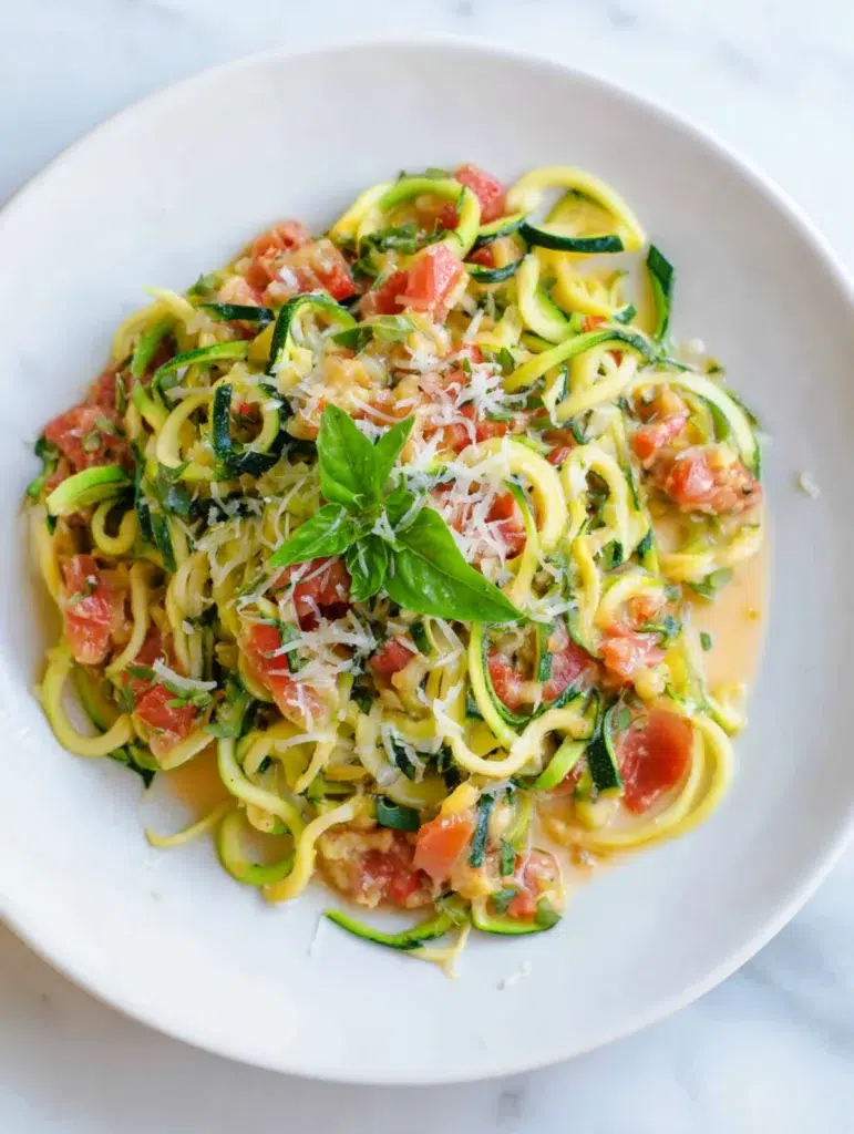 Lemon basil pasta salad topped with shredded parmesan, fresh basil, and cracked black pepper in a white bowl.