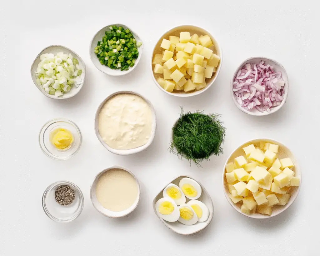 Fresh ingredients for All-American potato salad including diced potatoes, eggs, mayo, onions, dill, and seasonings on white