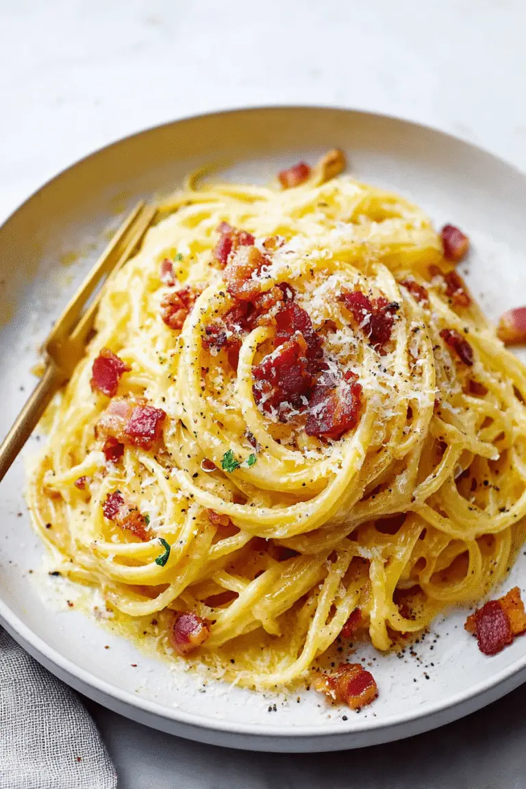 Golden spaghetti carbonara swirled with crispy pancetta, parmesan, and black pepper on a white plate with fork