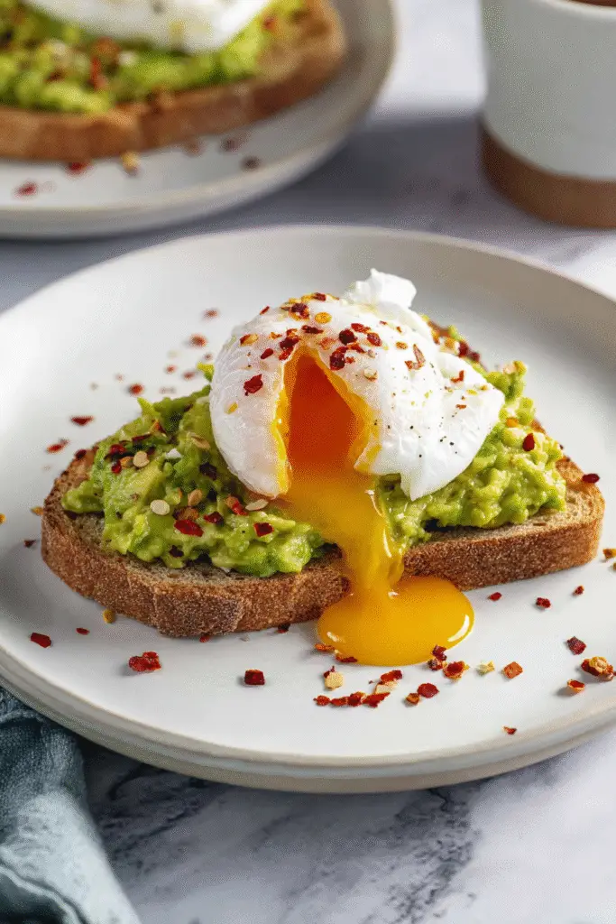 Avocado toast topped with a poached egg, runny yolk flowing over mashed avocado, sprinkled with red pepper flakes
