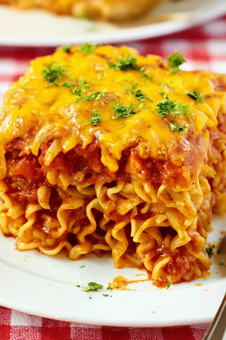 Golden baked ramen lasagna with rich marinara, gooey cheddar, and fresh parsley for the ultimate cheesy comfort dinner.