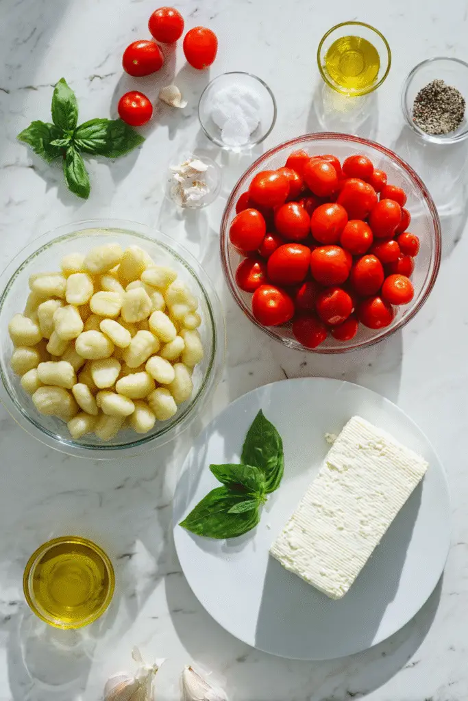 Fresh ingredients for baked feta gnocchi including cherry tomatoes, feta, basil, gnocchi, garlic, and olive oil.