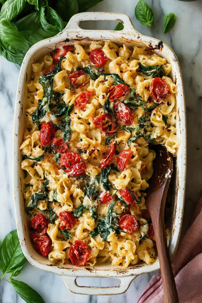Golden baked feta pasta with roasted tomatoes, fresh spinach, and creamy sauce in a rustic white casserole dish