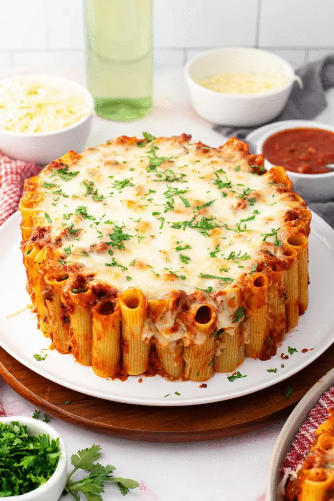 Baked honeycomb pasta cake topped with melted mozzarella and parsley, served on a white plate with marinara on the side