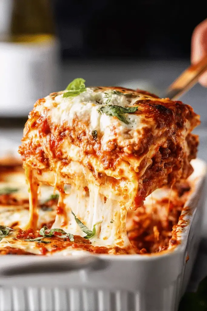 Cheesy homemade lasagna slice lifted from baking dish with gooey mozzarella, rich meat sauce, and fresh basil garnish