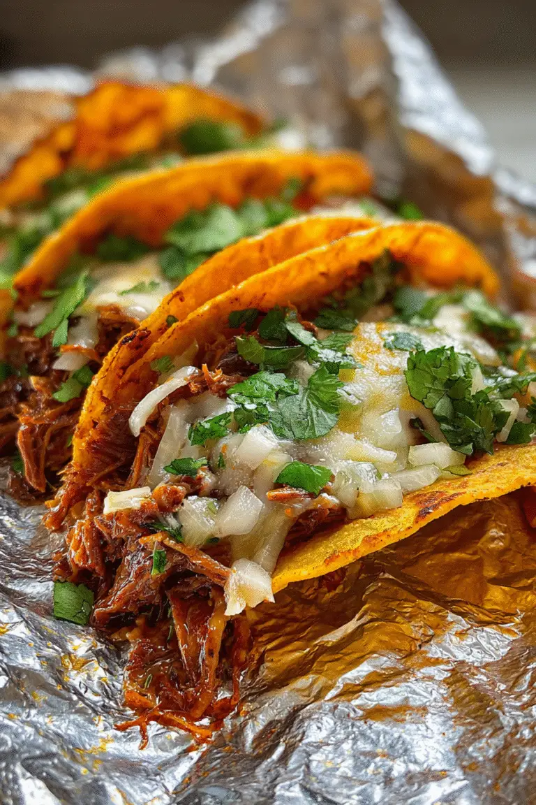 Birria tacos with tender shredded beef, melted cheese, onions, and cilantro in golden tortillas on foil