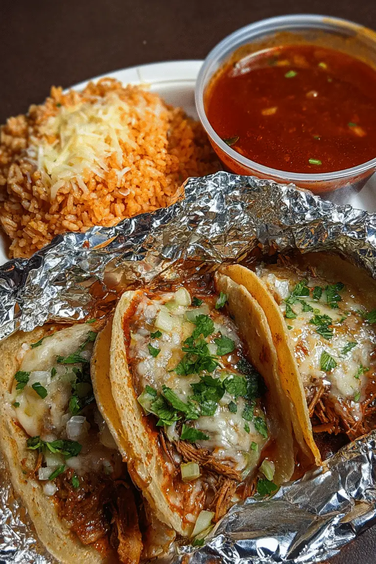 Birria tacos with melted cheese, onions, and cilantro served with Mexican rice and consommé in a flavorful spread