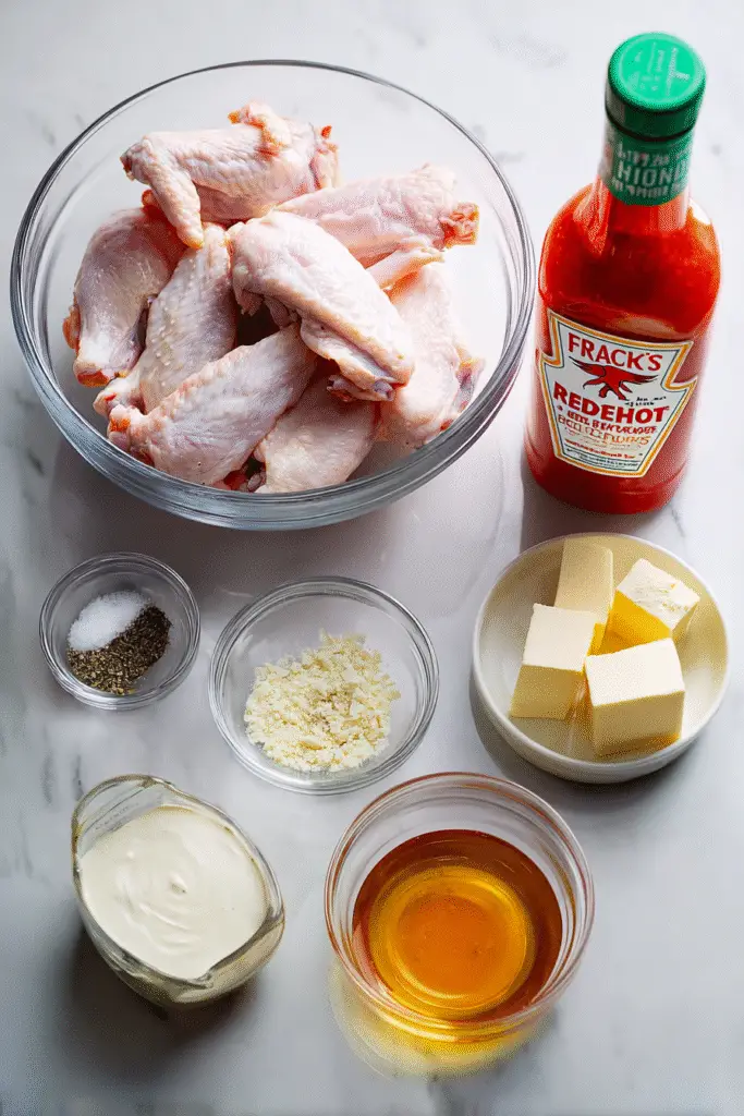 Fresh chicken wings with hot sauce, butter, honey, garlic, Parmesan, and spices ready for homemade Buffalo wings