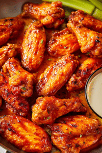 Crispy Buffalo chicken wings coated in spicy sauce, served hot with creamy dipping sauce and celery sticks