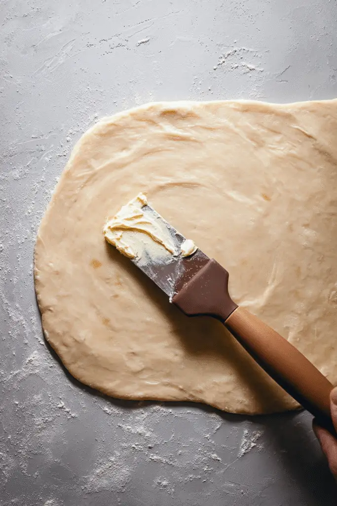 Flattened dough sheet generously coated with cinnamon sugar mixture, ready to be rolled for baking sweet cinnamon rolls