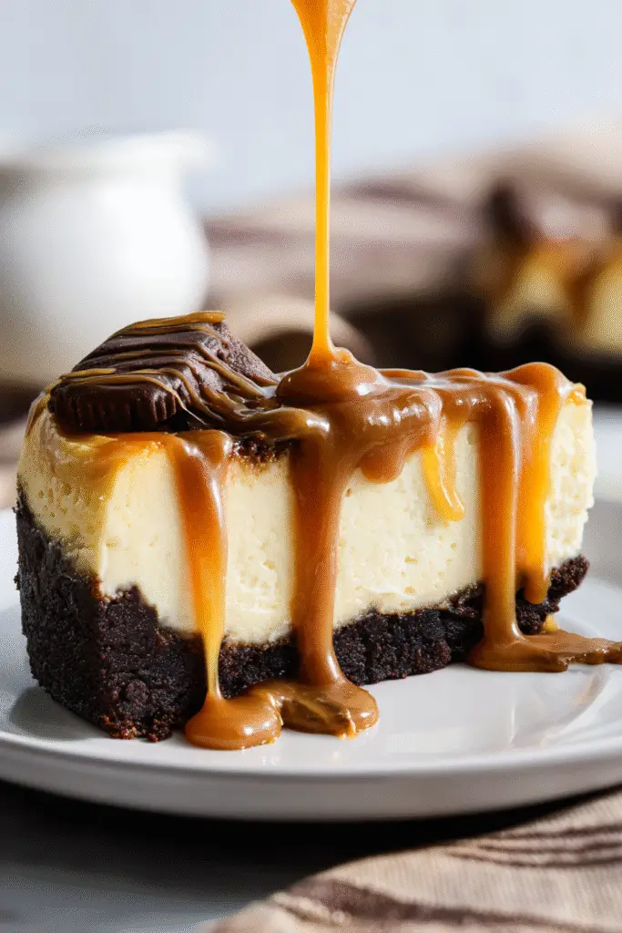 Slice of caramel brownie cheesecake with rich brownie crust and thick caramel sauce dripping over creamy cheesecake layers.