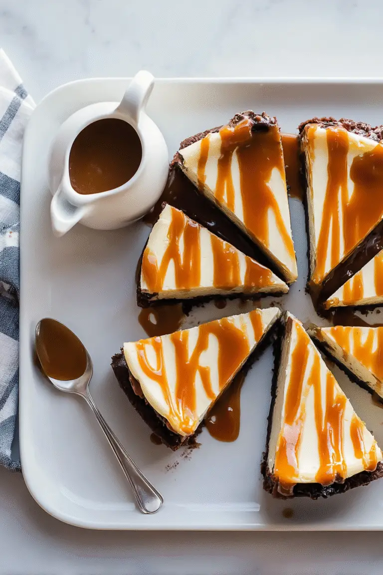Overhead view of caramel brownie cheesecake sliced and drizzled with caramel sauce, served with a spoon and caramel jug.