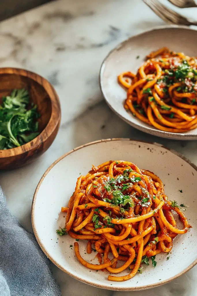 Two plates of caramelized shallot pasta topped with fresh parsley, served on a marble table for a cozy Italian meal