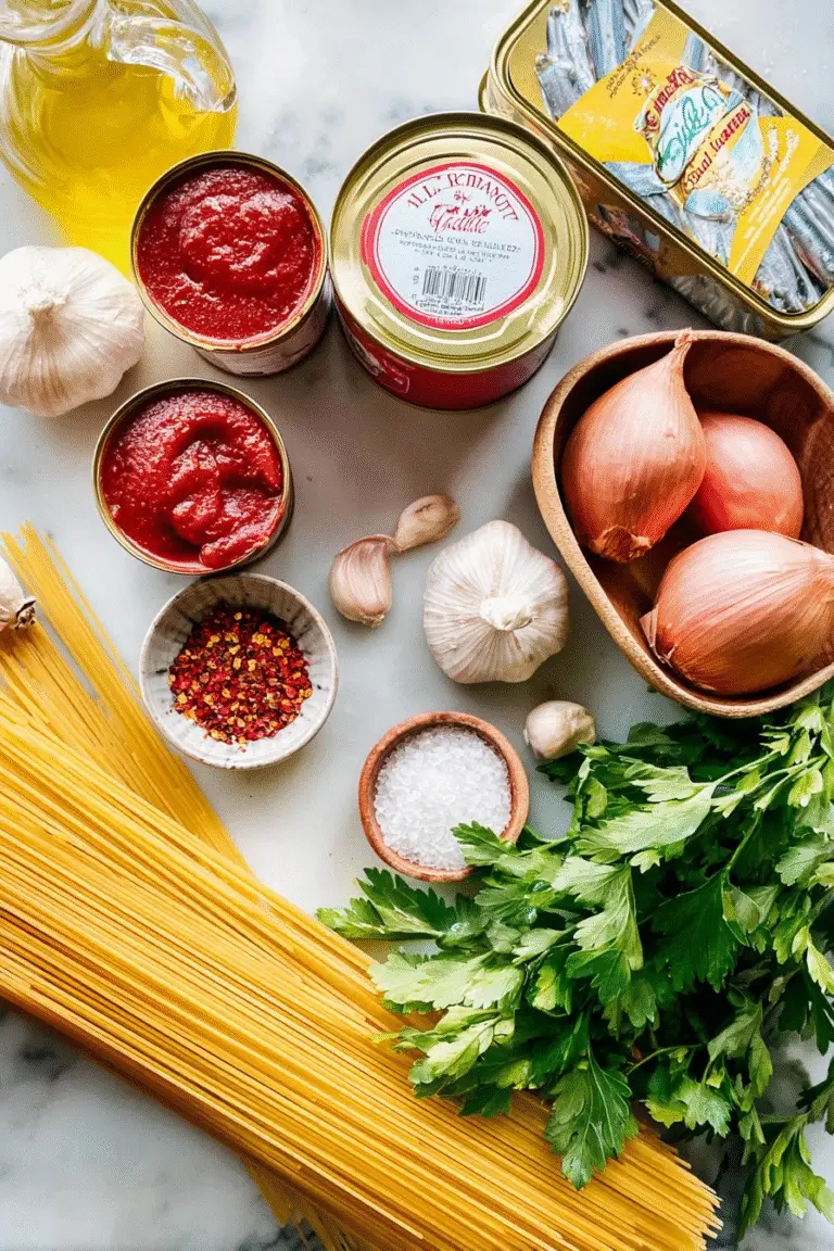Fresh pasta ingredients with shallots, garlic, tomato paste, anchovies, herbs, and olive oil for caramelized shallot pasta