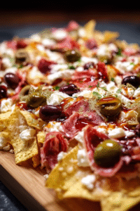 Close-up of charcuterie nachos with crispy chips, cured meats, olives, pickles, and crumbled cheese drizzled with fig jam