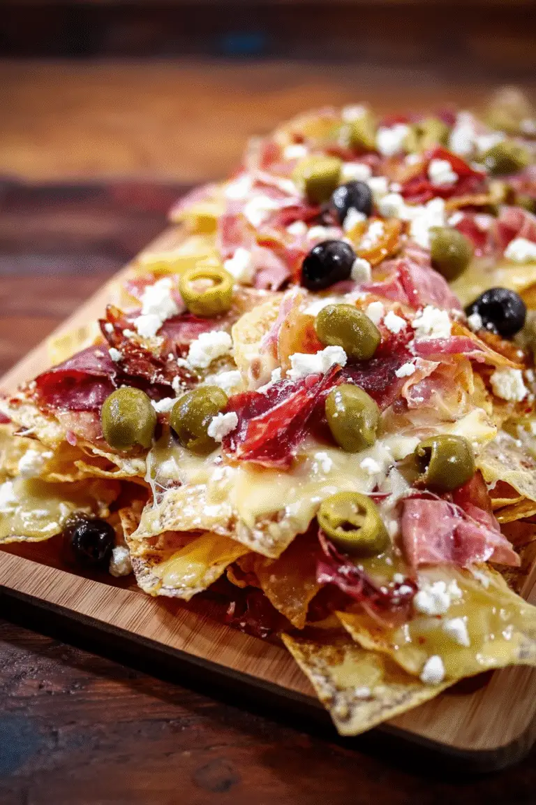 Side view of charcuterie nachos with melted cheese, olives, prosciutto, and crumbled feta on a wooden serving board