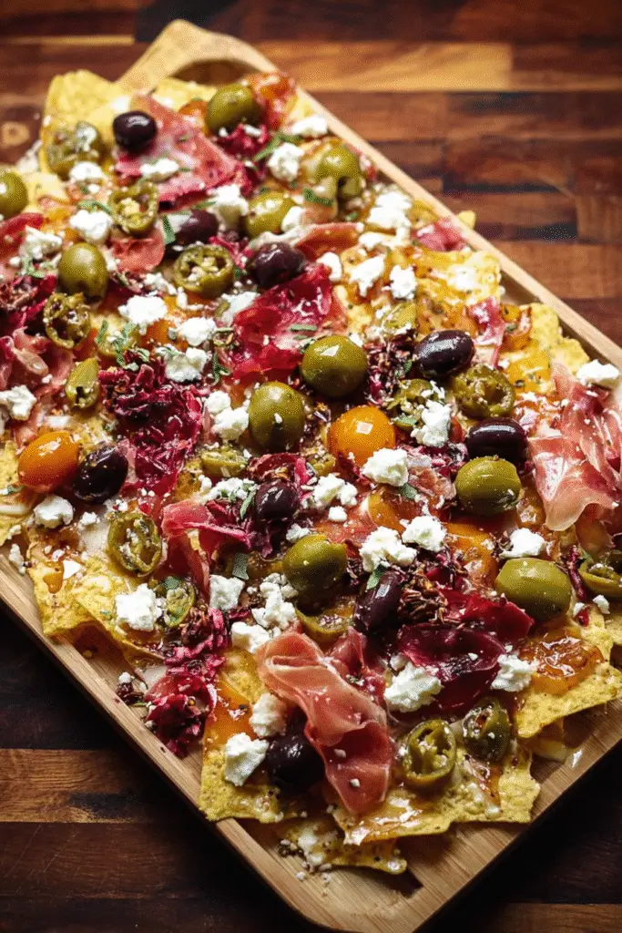 Charcuterie nachos on a wooden board with olives, prosciutto, jalapeños, tomatoes, and crumbled cheese drizzled with honey