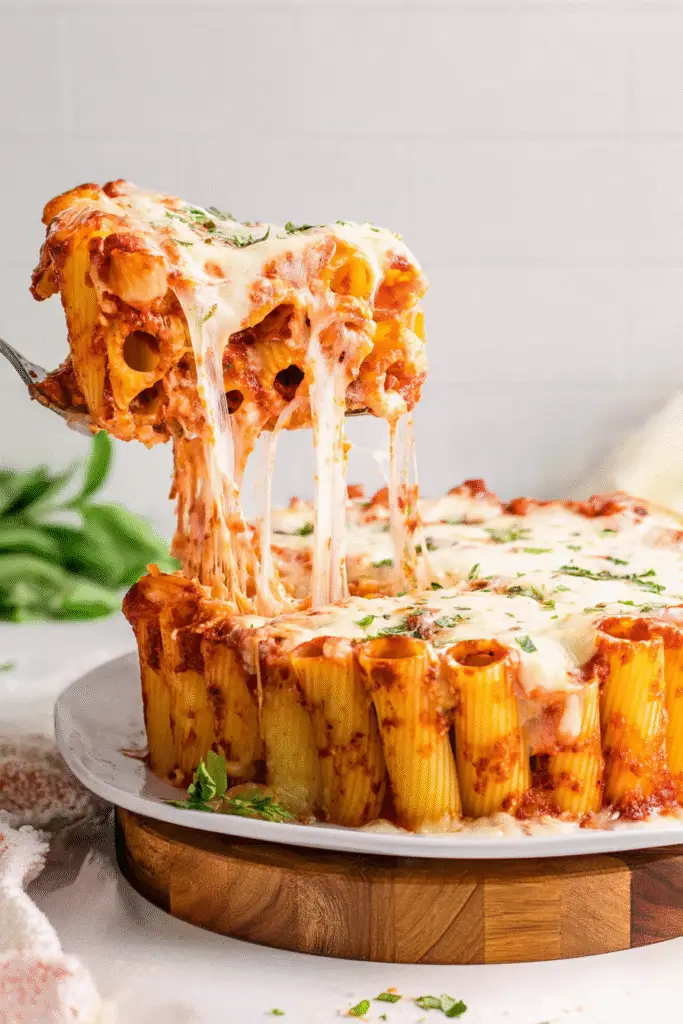 Slice of honeycomb pasta cake with gooey melted cheese and marinara sauce, lifted from the pan with cheese stretching