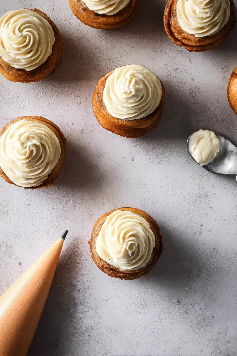 Top view of golden cinnamon roll cupcakes topped with creamy frosting swirls, piping bag and spoon on light background
