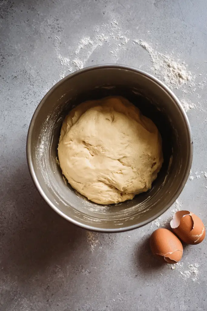 Top-down view of cinnamon roll dough in a mixing bowl with cracked brown egg shells on a floured surface, ready to bake