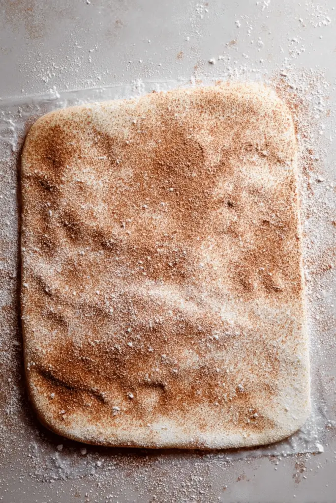 Flattened dough sheet generously coated with cinnamon sugar mixture, ready to be rolled for baking sweet cinnamon rolls