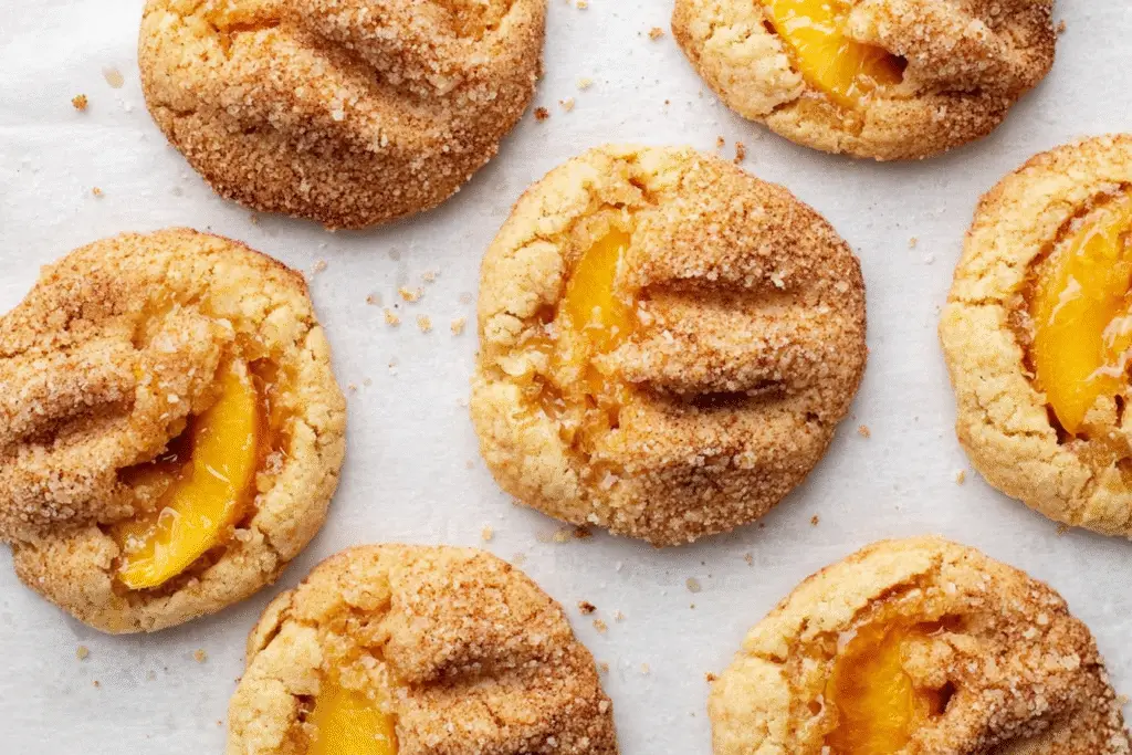 Peach cobbler cookies topped with juicy peach slices and a sprinkle of cinnamon sugar, on white parchment paper