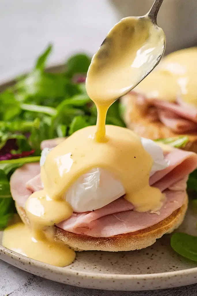 Poached egg over ham on a toasted English muffin, topped with hollandaise sauce being drizzled from a spoon